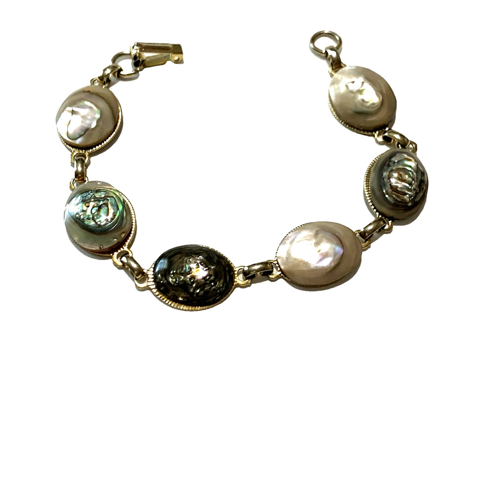 Vintage Silver Tone Abalone Link Bracelet 1970's Paua Shell Oval Cabochons 7.5"